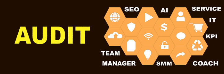 AUDIT Panoramic Hi tech banner with hexagons icons and tags