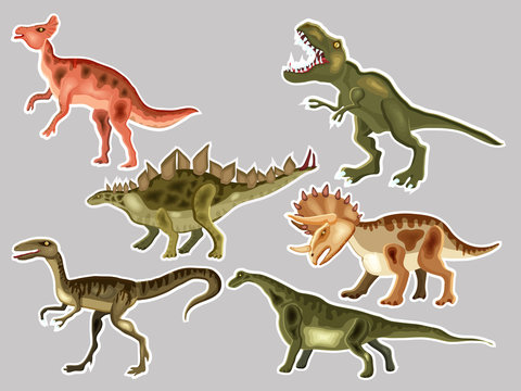 T-REX,  Tyrannosaur, Velociraptor, Triceratops, Brontosaurus, Parasaurolophus, Stegosaurus. Cute vector cartoon  set of a dinosaurs,  patches and stickers collection.