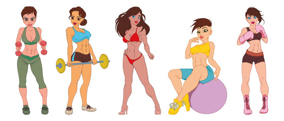 Set of beautiful sexy sport girls brunette models