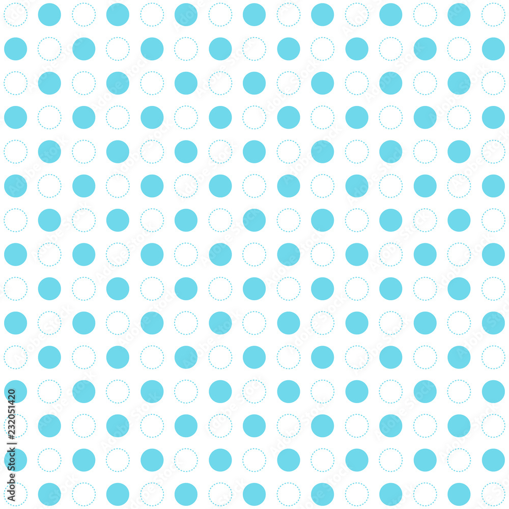 Poster blue polka dots seamless pattern on white background. retro circles geometric dashed lines.