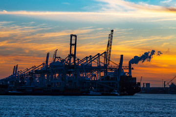 Sunset on the Rotterdam seaport with the cranes in the neutral position