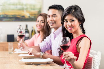 Close-up of woman raising toast holding wine glass with her friends