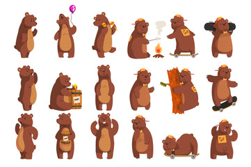 Set with funny bear. Forest animal waving by paw, holding balloon, dancing, howling, calling someone, eating honey from wooden barrel, smiling. Flat vector design