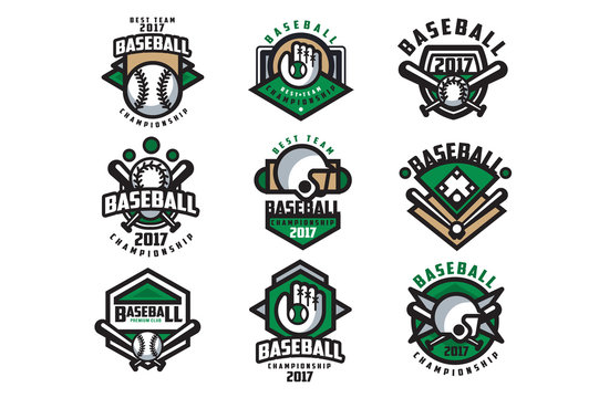 Collection of colorful baseball logos. Labels with balls, gloves, bats and protective helmets. Linear sports emblems. Flat vector design for team badge