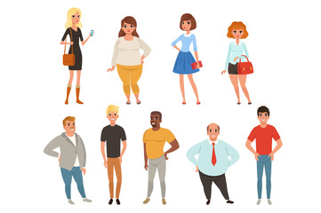 Cartoon collection of young and adult people in different poses. Men and women characters wearing casual clothes. Full-length portraits. Flat vector design