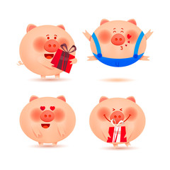 Set of cheerful and cute piglets  Christmas pigs.