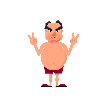 Vector illustration of a fat man gesturing victory sign