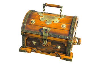 Old wooden brown vintage treasure chest isolated on white background