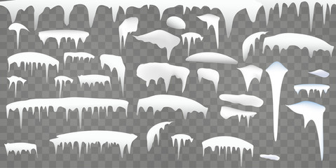 Winter Set of realistic snow elements. Borders with frost snowcap and icicles on transparent background, vector illustration.