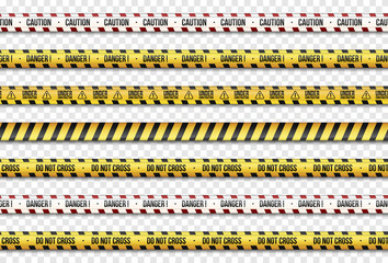 Set of yellow with black police line.  Warning seamless tapes. Caution lines. Isolated On Transparent Background. Vector Illustration