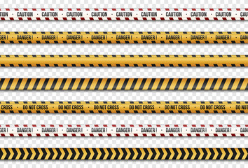 Set of yellow with black police line.  Warning seamless tapes. Caution lines. Isolated On Transparent Background. Vector Illustration