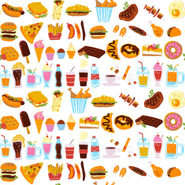 Vector seamless pattern with tasty fast food illustration - donut, pizza, burger, hot dog, coffee to go - isolated on white background. Hand drawn sketch style. Good for banners, menu cover, packaging