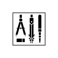 Black & white vector illustration of drafting kit with compass dividers, ruling pen. Flat icon of instruments for architect, drafter, draftsman. Technical & mechanical drawing tools. Isolated objects