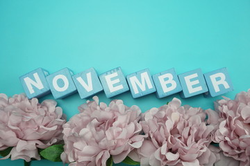 November alphabet letters with flower bouquet on blue background