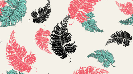 Floral seamless pattern, hand drawn Barnsley fern on light yellow background, red, green and black tones