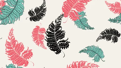 Fotobehang Floral seamless pattern, hand drawn Barnsley fern on light yellow background, red, green and black tones © momosama