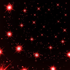Red stars black night sky background. Abstract bokeh glowing space design. Starry milky way. Galaxy starlight shine sparkle. Golden shiny fantasy glow in dark. Vector illustration