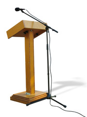 Wooden podium tribune stand rostrum with microphone isolated on white background
