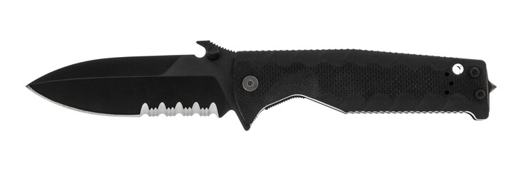 black military folding knife with serrated blade isolated on white