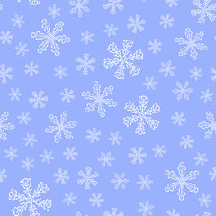 Winter seamless pattern with white snowflakes on blue background. Endless ornament for banner, greeting card, wrapping paper, packaging. Vector illustration.