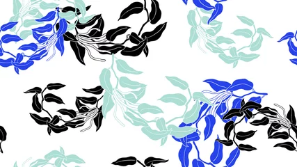 Wandaufkleber Floral seamless pattern, hand drawn flat-leaved vanilla on white background, blue, green and black tones © momosama