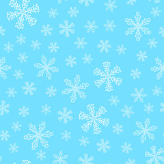 Winter seamless pattern with white snowflakes on bright blue background. Endless ornament for banner, greeting card, wrapping paper, packaging. Vector illustration