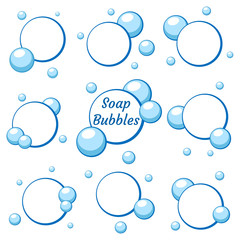 Blue air bubbles from water or chewing gum, foam. Set of templates for dialogs and messages, prices and discounts. Isolated white background. EPS10 vector illustration.