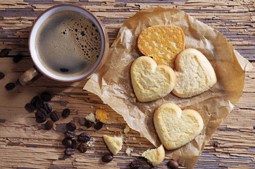 Coffee and cookies in shape of heart