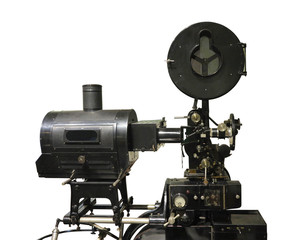 Old-fashioned cinema movie vintage film projector isolated on white