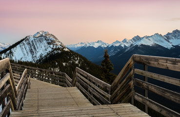 Sunset view of Banff Gondola Pathway on Sulphur Mountain at Banff National Park in Alberta, Canada.