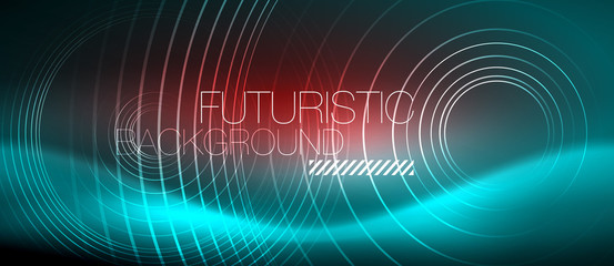 Neon glowing techno lines, hi-tech futuristic abstract background template with square shapes