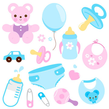 Baby accessories in blue and pink colors. Vector illustration collection