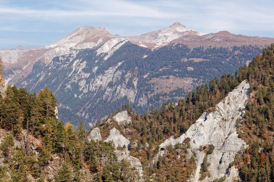 View from Old Versam bridge towards Ringelspitz massif, Ruinaulta - Rheinschlucht (Rhine canyon), Illanz/Glion - Reichenau, Switzerland
