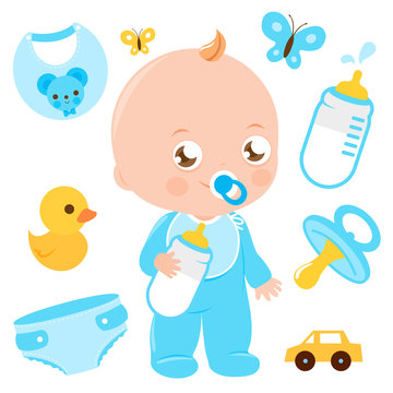 Baby boy and baby accessories. Vector illustration collection.