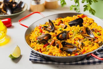Traditional paella with mussels.
