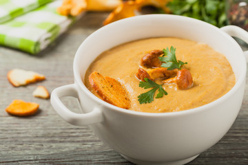 Delicious soup, cream with mushroom chanterelles.