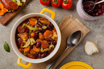 Traditional portuguese goulash with cabbage, beans and ribs.