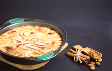 Preparation of apple pie at home. Homemade pastries with apples and nuts. Sweet dessert from apples baked.