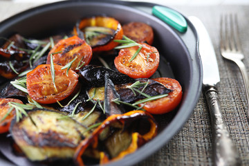 Vegetables grilled pan fried eggplant and tomatoes