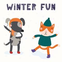 Fotobehang Hand drawn vector illustration of a cute funny cat and dog having snowball fight outdoors, with text Winter fun. Isolated objects on white. Scandinavian style flat design. Concept for children print. © Maria Skrigan
