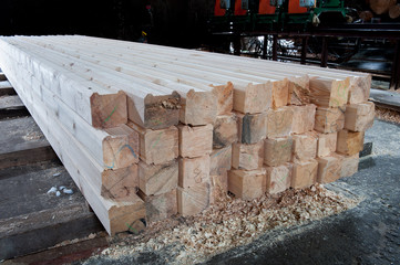 Wood timber in the sawmill.