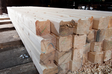 Wood timber in the sawmill.