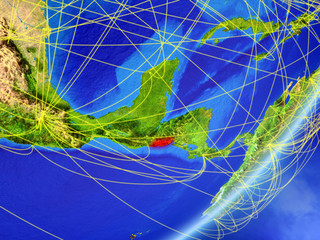 El Salvador on model of planet Earth with network at night. Concept of new technology, communication and travel.