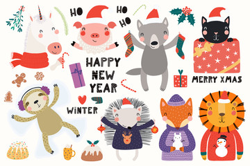 Big set with cute animals doing winter, Christmas activities, typography. Isolated objects on white background. Hand drawn vector illustration. Scandinavian style flat design. Concept for kids print.