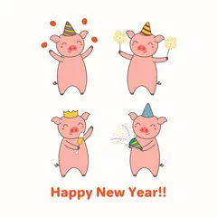 Fotobehang Hand drawn New Year greeting card with cute funny pigs celebrating, typography. Isolated objects on white background. Line drawing. Vector illustration. Design concept for party, invitation. © Maria Skrigan