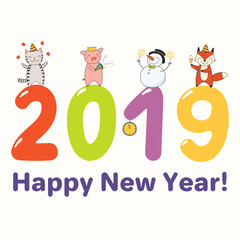 Hand drawn New Year 2019 greeting card, banner with cute funny animals standing on big numbers, celebrating, typography. Line drawing. Isolated objects. Vector illustration. Design concept for party.