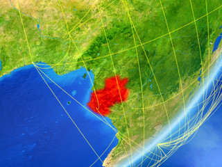 Gabon on model of planet Earth with network at night. Concept of new technology, communication and travel.