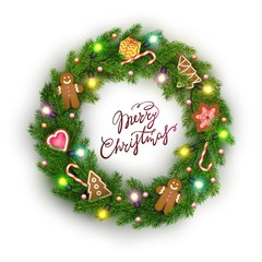 Christmas wreath of realistic Christmas tree branche, lightbulb, sweets, Vector