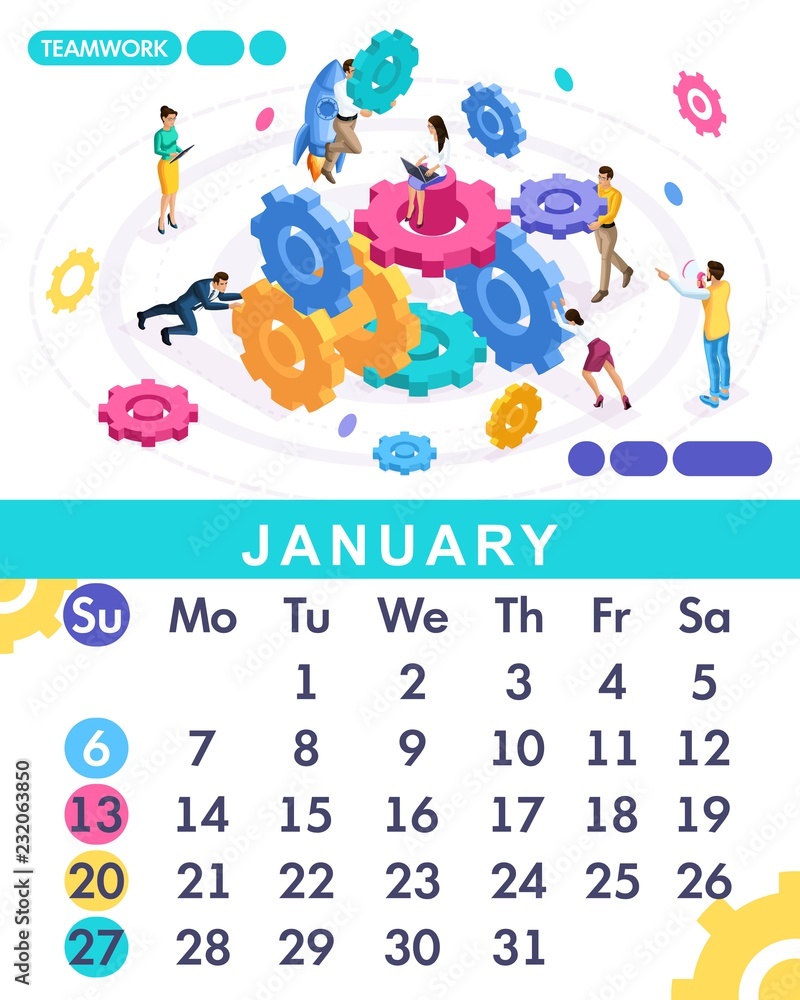 Poster isometric month january from set calendar of 2019. teamwork concept banner. concept of creating a bu