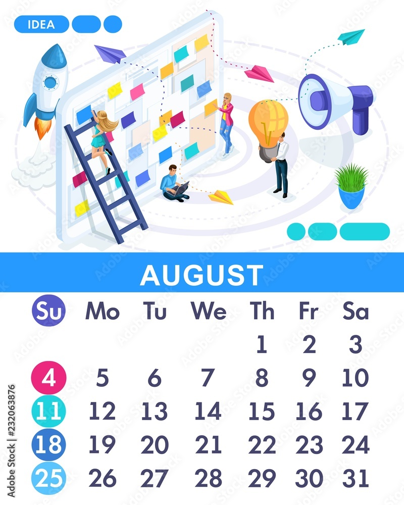Poster isometric month august from set calendar of 2019. concept of creating a business idea. concept creat